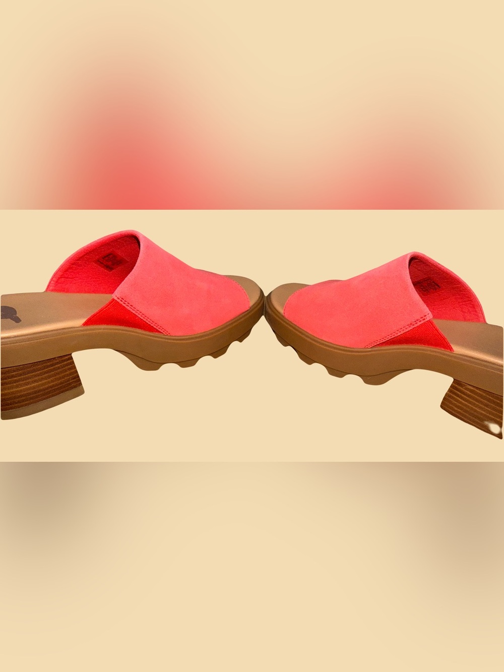 NWOT Sorel Coral Suede Slide Sandals with Tan Platform 9.5 40 Pink Red Shoes